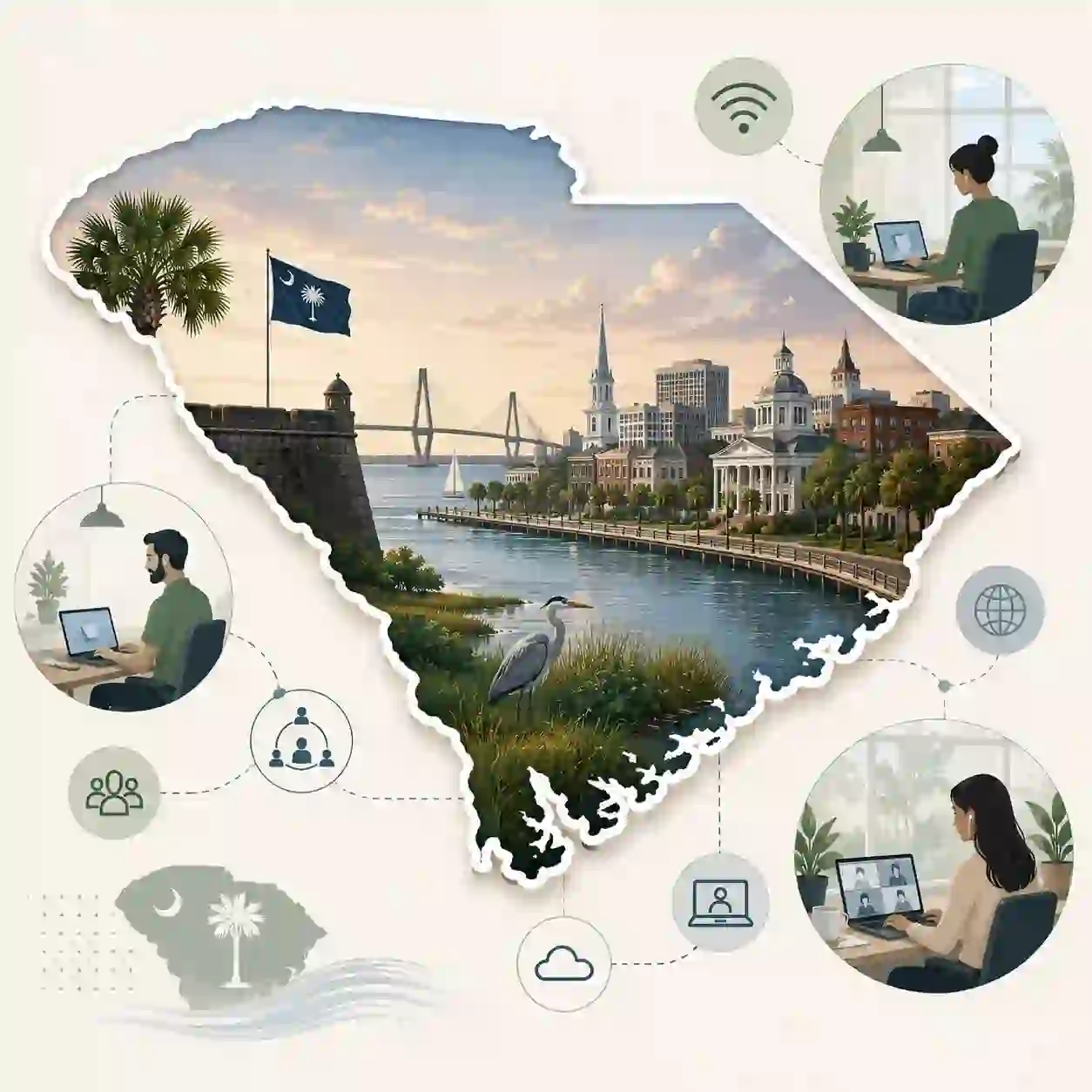 South Carolina state map with icons for mobile, office, remote team and call center connected to a central phone pin
